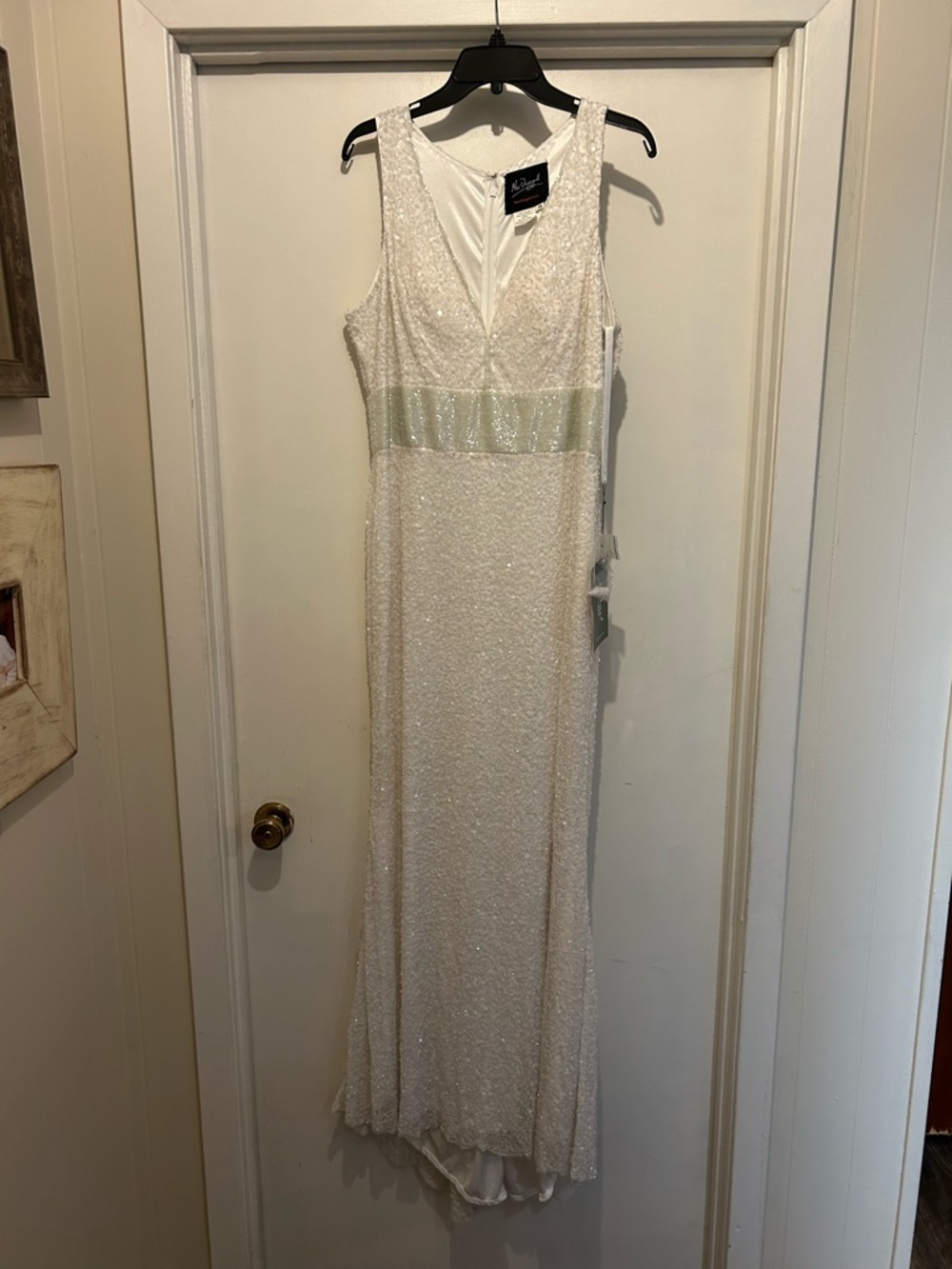 Mac Duggal Ivory Sequin Maxi Dress with Pale Green Waistband